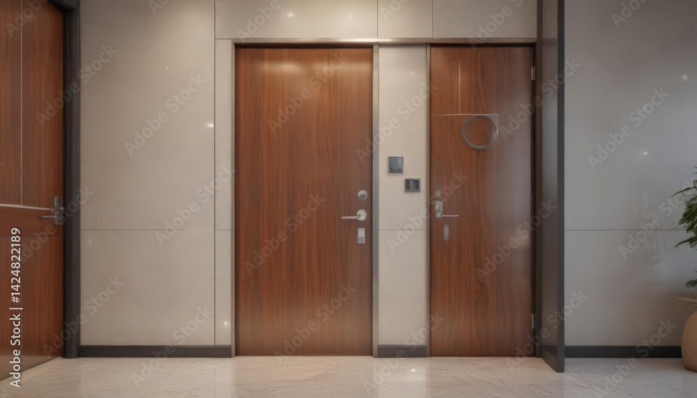 Contemporary lobby featuring a polished service bell and minimalist door panel , reception, architecture Contemporary lobby featuring a polished service bell and minimalist door panel , reception, architecture