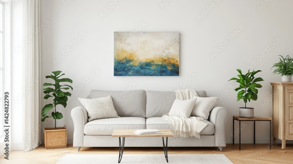 Fototapeta premium Muted hues of gold, blue, and cream abstract artwork in a modern living room.