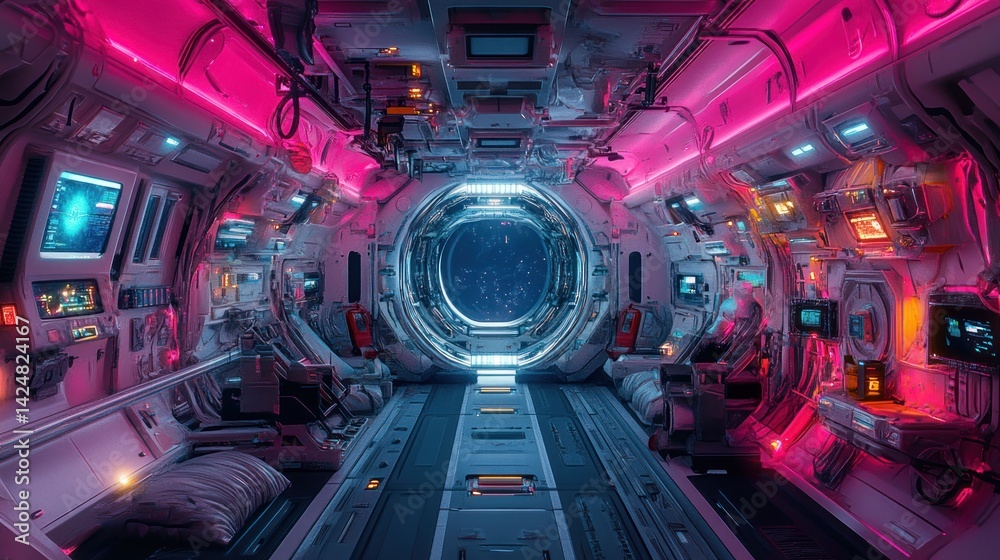 Fototapeta premium Neon-Lit Spaceship Corridor: A Futuristic Journey Through the Cosmos
