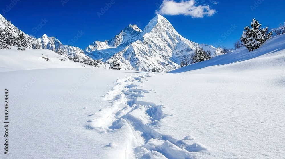 Fototapeta premium Snowy Mountain Landscape Under Clear Blue Sky