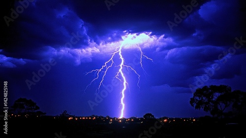 Obraz na płótnie Majestic Night Scene: A Powerful Lightning Bolt Illuminates the Dark Sky Over a Silhouetted Landscape w salonie