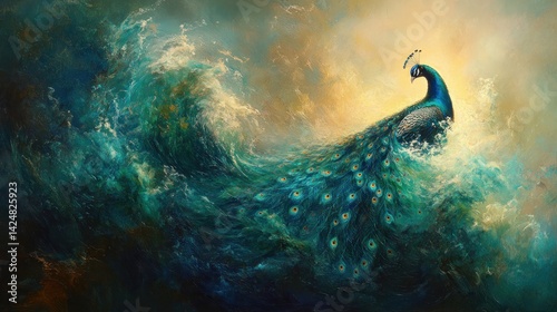 Obraz na płótnie Majestic Peacock Amidst Ocean Waves: A Surreal Masterpiece w salonie