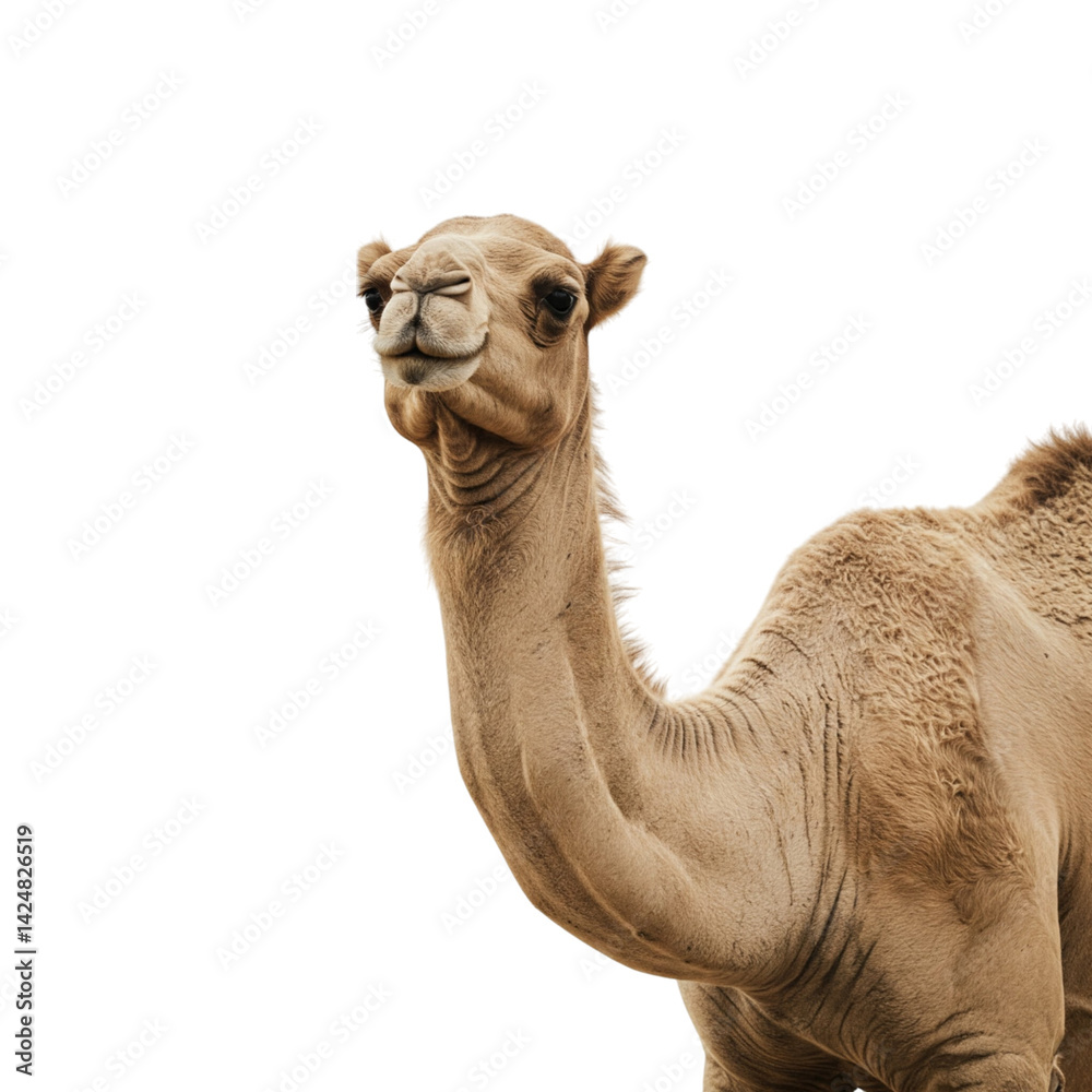 Obraz premium A curious young camel stares intently against a bright white background, its soft, light brown fur highlighted in sharp detail.