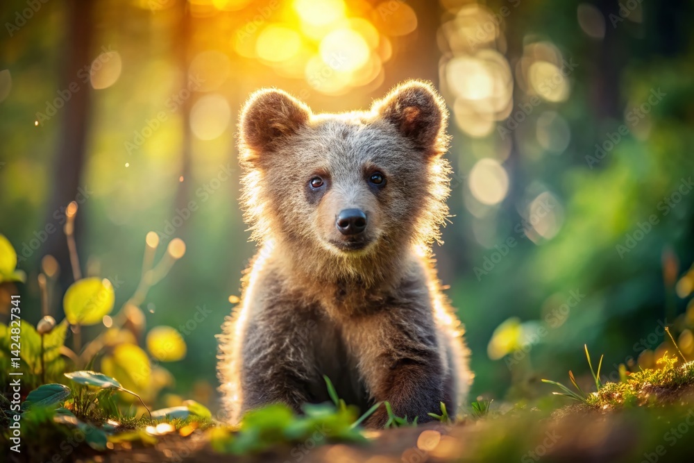 Obraz premium Adorable Speckle Bear Cub in Soft Bokeh Forest Setting