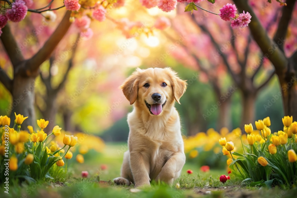 Adorable Spring Puppy Posing in Flower Garden - Cute Dog Photoshoot Adorable Spring Puppy Posing in Flower Garden - Cute Dog Photoshoot