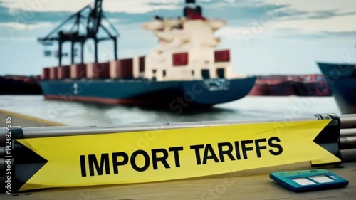 Import Tariffs with Warning yellow tape in front of seaport with cargo containers on background created with generative ai 