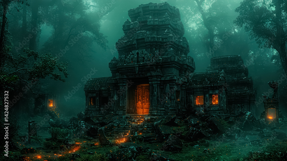 Temple in fantasy forest at night