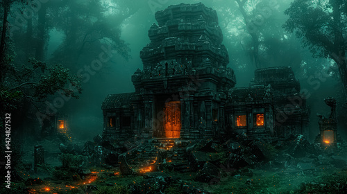 Temple in fantasy forest at night