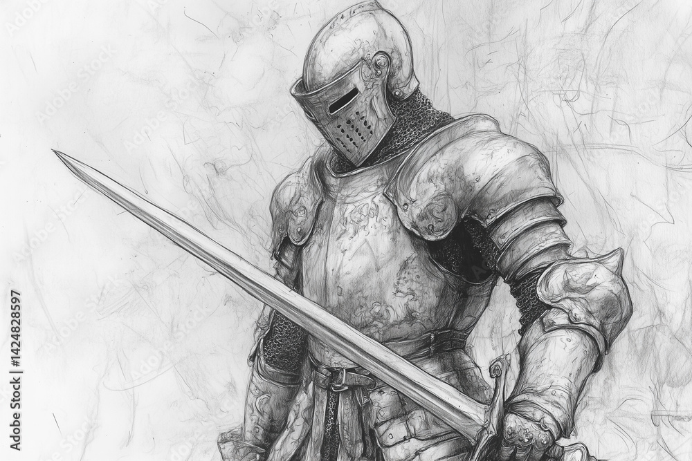 Obraz premium pencil drawing of a medieval knight in armor