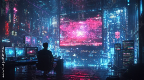 Obraz na płótnie Cyberpunk Cityscape: A Hacker's Sanctuary w salonie
