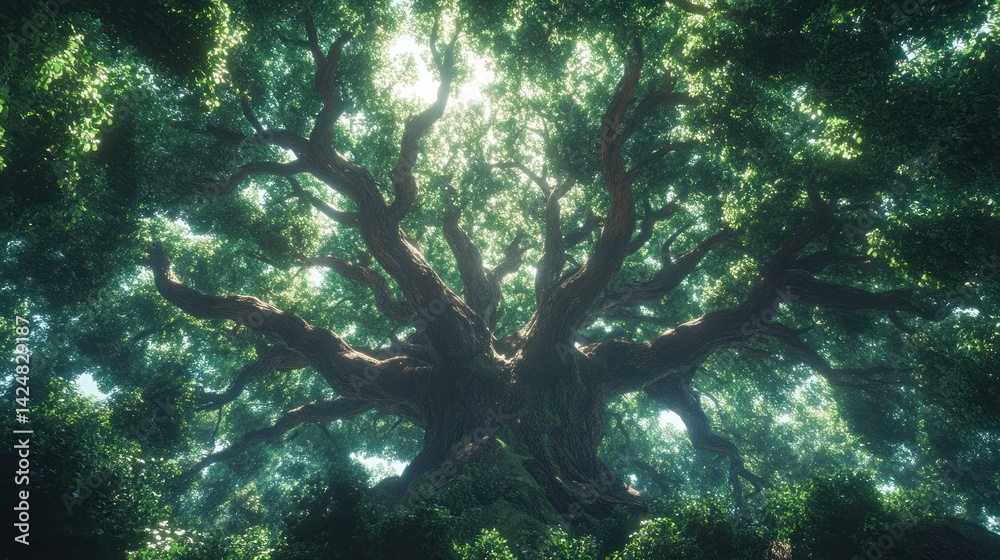 Ancient Majesty: A Low-Angle View of a Gigantic, Sprawling Oak Tree Bathed in Sunlight