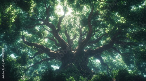 Obraz na płótnie Ancient Majesty: A Low-Angle View of a Gigantic, Sprawling Oak Tree Bathed in Sunlight w salonie