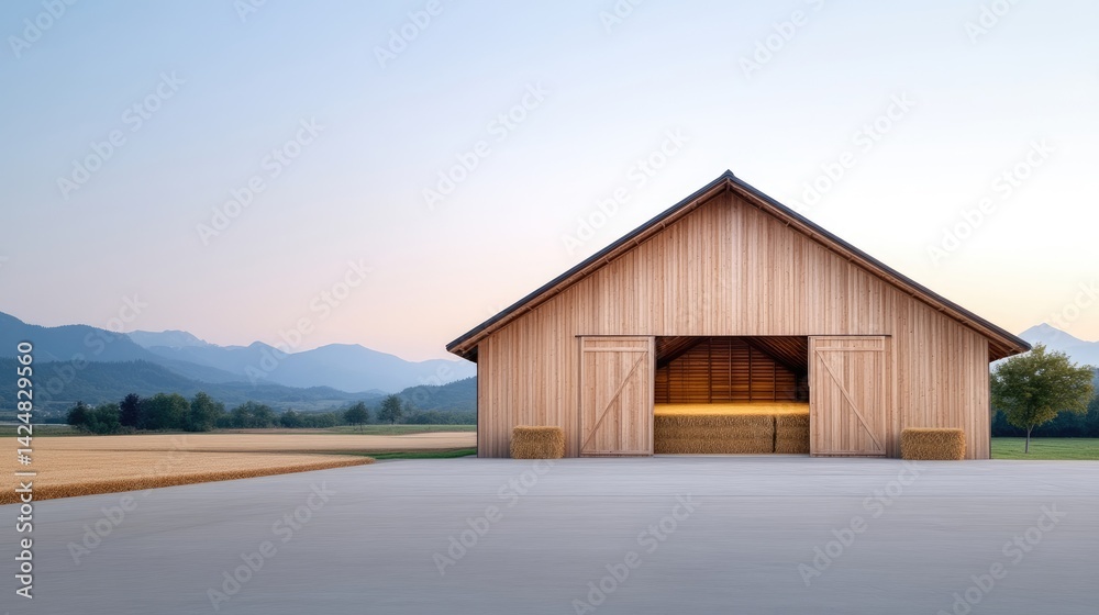 Rustic wooden barn on a tranquil countryside scene. Open barn doors showcase hay storage Rustic wooden barn on a tranquil countryside scene. Open barn doors showcase hay storage