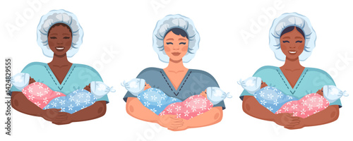 Young African, Asian and European Midwifes holding newborn babies. Female doctors with newborn twins of different genders and nationalities. Certified Nurses in medical suits and hats. Vector