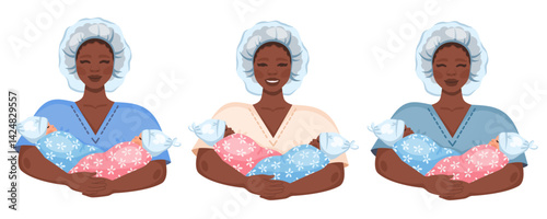 African American Midwife holding newborn twins of different nationalities and genders. Female doctor with newborn babies. Newborn twin boy and girl in white hats, wrapped in cute blankets. Vector