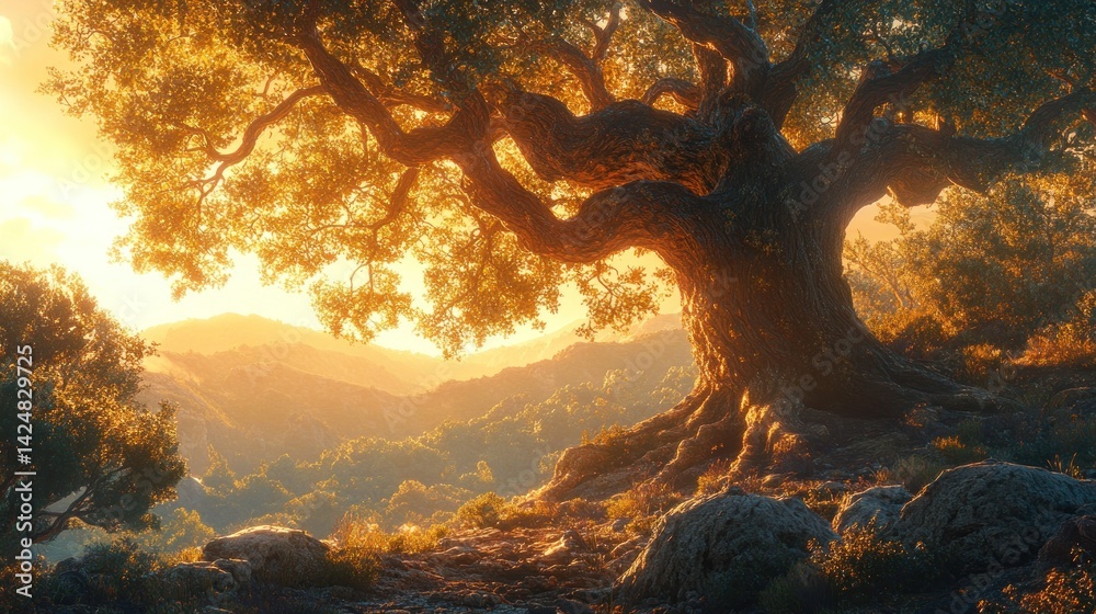 Majestic Oak at Golden Hour: A Panoramic View of Serene Nature