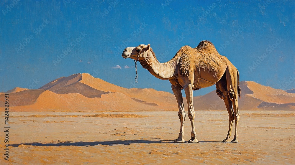 Majestic Camel in the Sahara Desert: A Lone Traveler under a Vast Blue Sky
