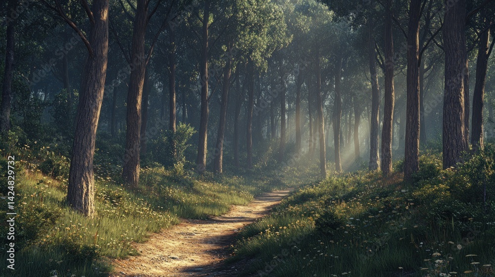 Enchanted Forest Path: A Digital Painting of Serene Woods
