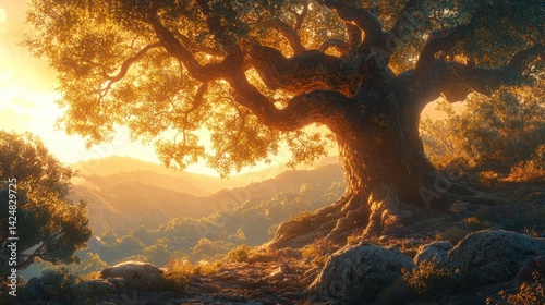 Obraz na płótnie Majestic Oak at Golden Hour: A Panoramic View of Serene Nature w salonie