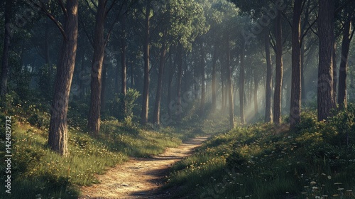 Obraz na płótnie Enchanted Forest Path: A Digital Painting of Serene Woods w salonie