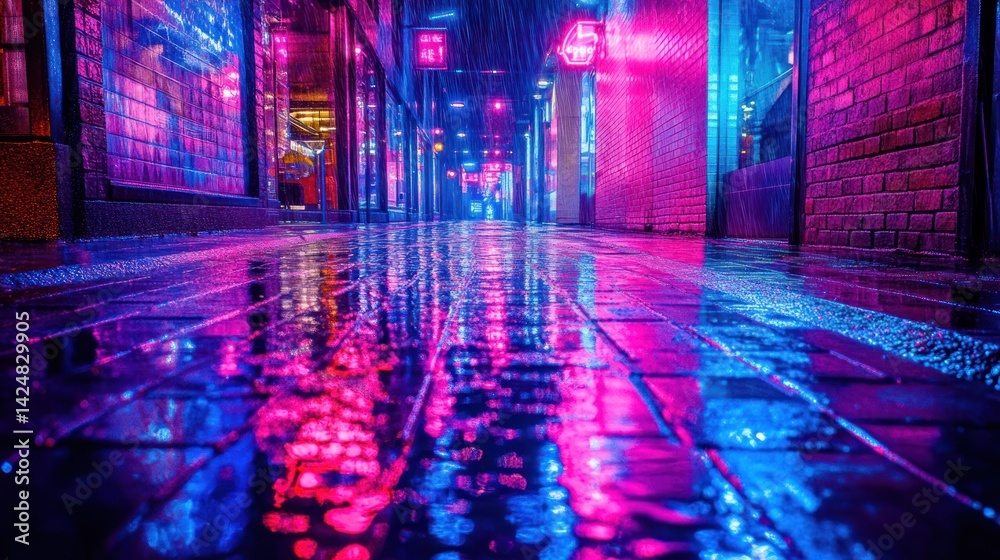 Neon Nightscape: Rain-slicked City Alley Glowing with Vibrant Pink and Blue Lights