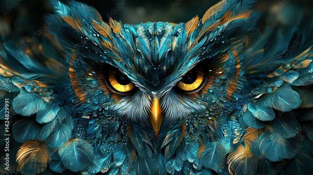 Majestic Teal and Gold Owl: A Digital Masterpiece