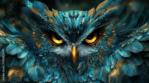 Obraz na płótnie Majestic Teal and Gold Owl: A Digital Masterpiece w salonie