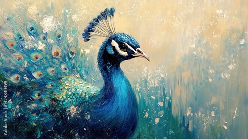 Obraz na płótnie Majestic Peacock: A Blue Symphony in Oil w salonie