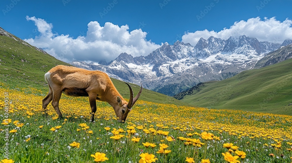 Majestic Mountain Goat Grazing in Alpine Meadow