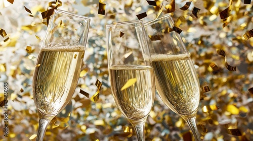 Champagne glasses clinking with confetti. Premium holiday background