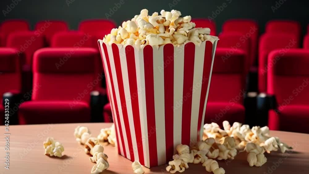 red and white striped popcorn cup with lots of popcorn in a movie theater with red seats created with generative ai