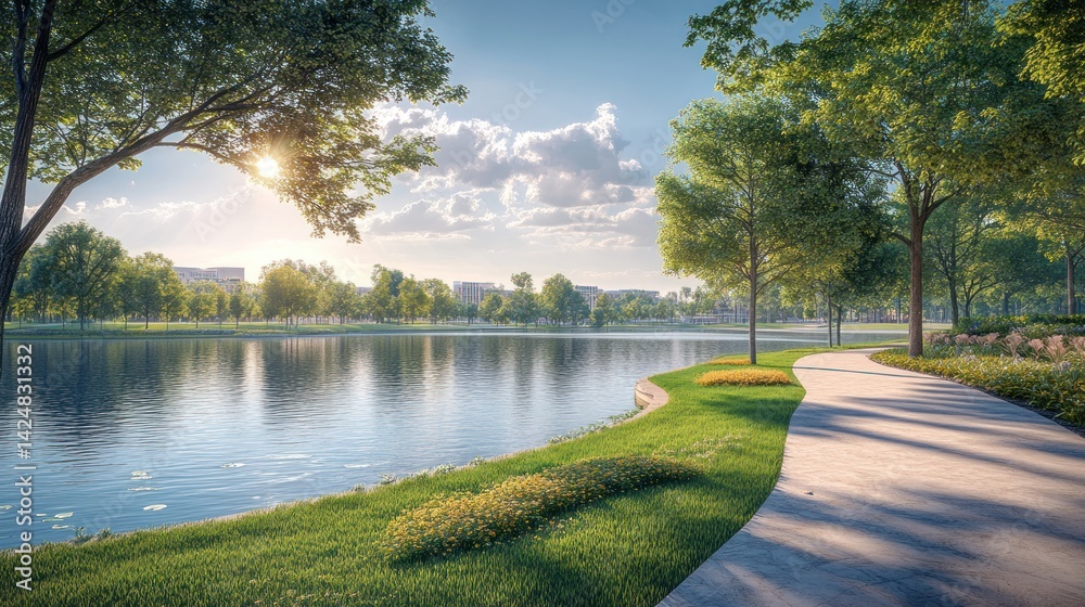 Serene Lakeside Pathway: A picturesque sunset stroll along a tranquil lake, lined with lush greenery and mature trees, offering a peaceful escape.