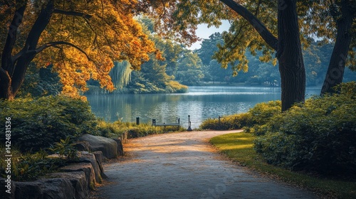 Obraz na płótnie Autumnal Serenity: A Peaceful Lake Path w salonie