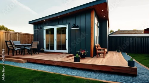 Modern accessory dwelling unit with wooden deck, patio furniture. Backyard cottage with dark gray exterior, light brown wooden accents created with generative ai