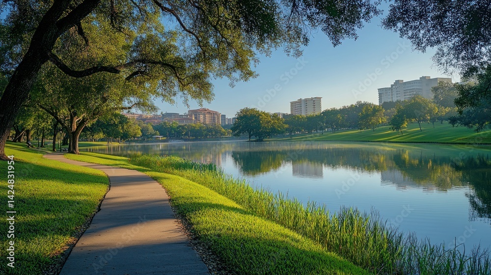 Serene Lakeside Walkway: A Picturesque Morning in the City