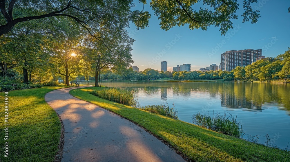 Serene Lakeside Pathway: A Breathtaking Urban Oasis