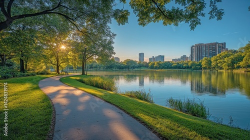 Serene Lakeside Pathway: A Breathtaking Urban Oasis