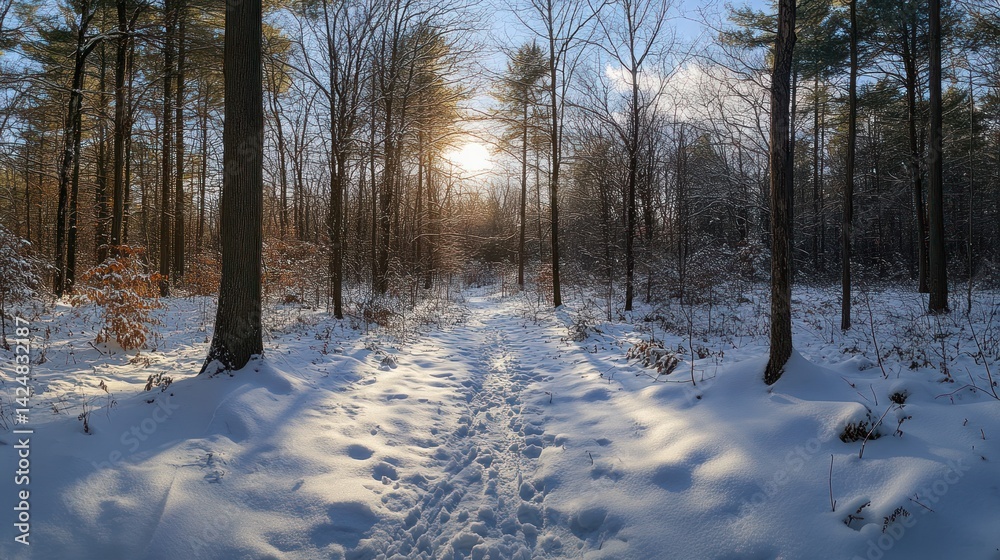 Winter Wonderland: Sunlit Snow Path Through a Snowy Forest