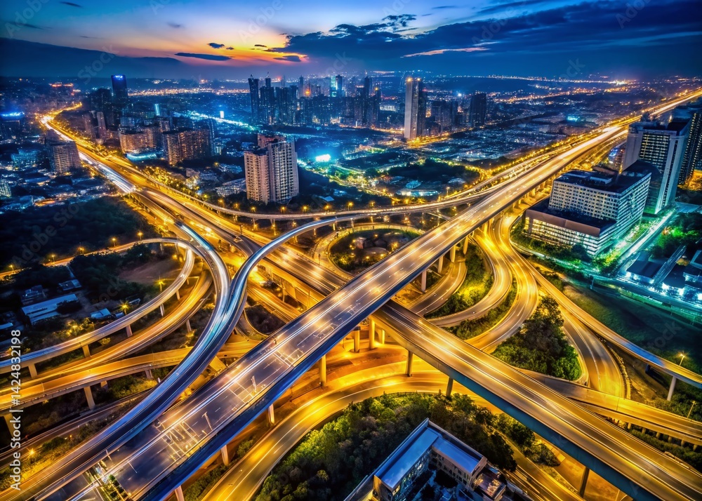 Obraz premium Aerial Night View: City Highway Network, Urban Development, Transportation Progress