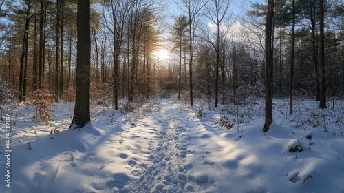 Obraz na płótnie Winter Wonderland: Sunlit Snow Path Through a Snowy Forest w salonie