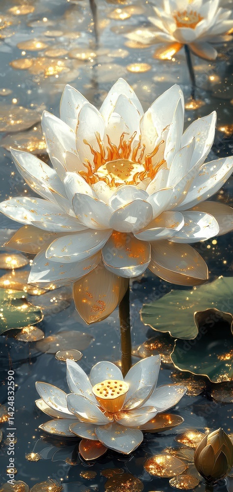 Luminous white lotus blossoms with golden accents float on dark, shimmering water, creating a magical, ethereal scene