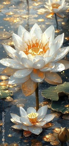 Obraz na płótnie Luminous white lotus blossoms with golden accents float on dark, shimmering water, creating a magical, ethereal scene w salonie