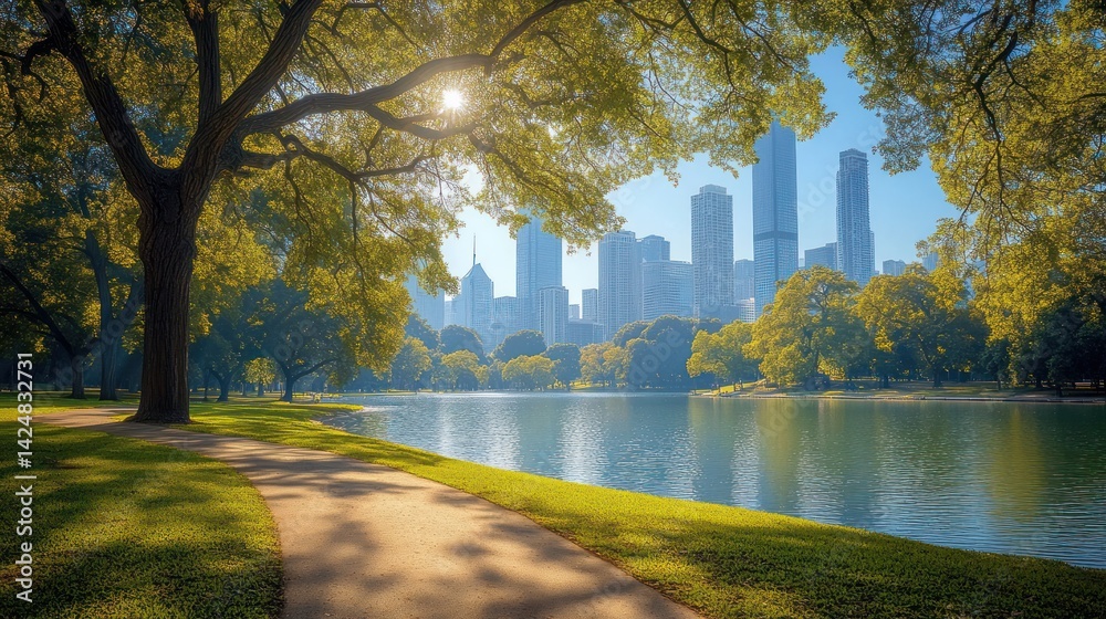 Urban Oasis: Serene Lake Park with City Skyline
