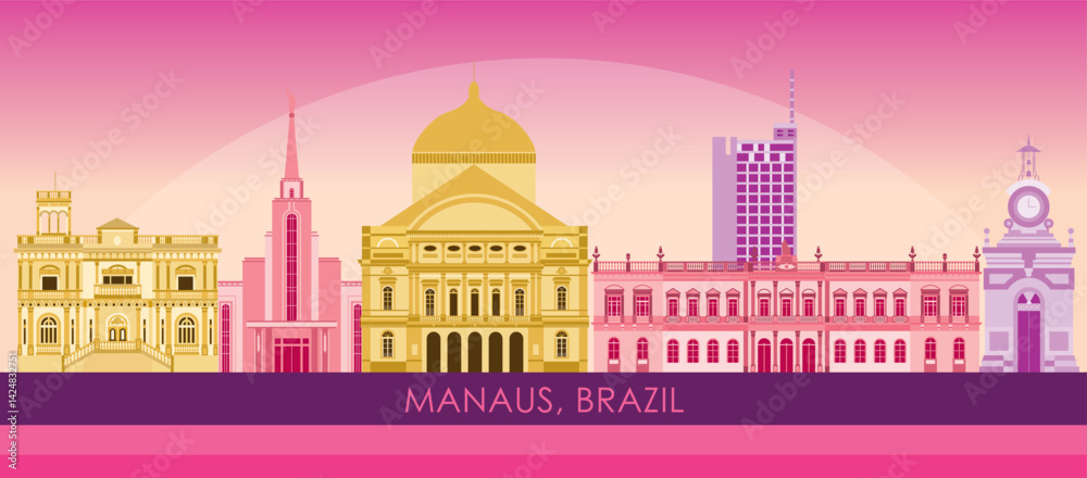 Sunset Skyline panorama of city of Manaus, Brazil - vector illustration