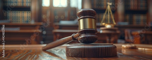 Gavel on a Wooden Table in a Courtroom Setting