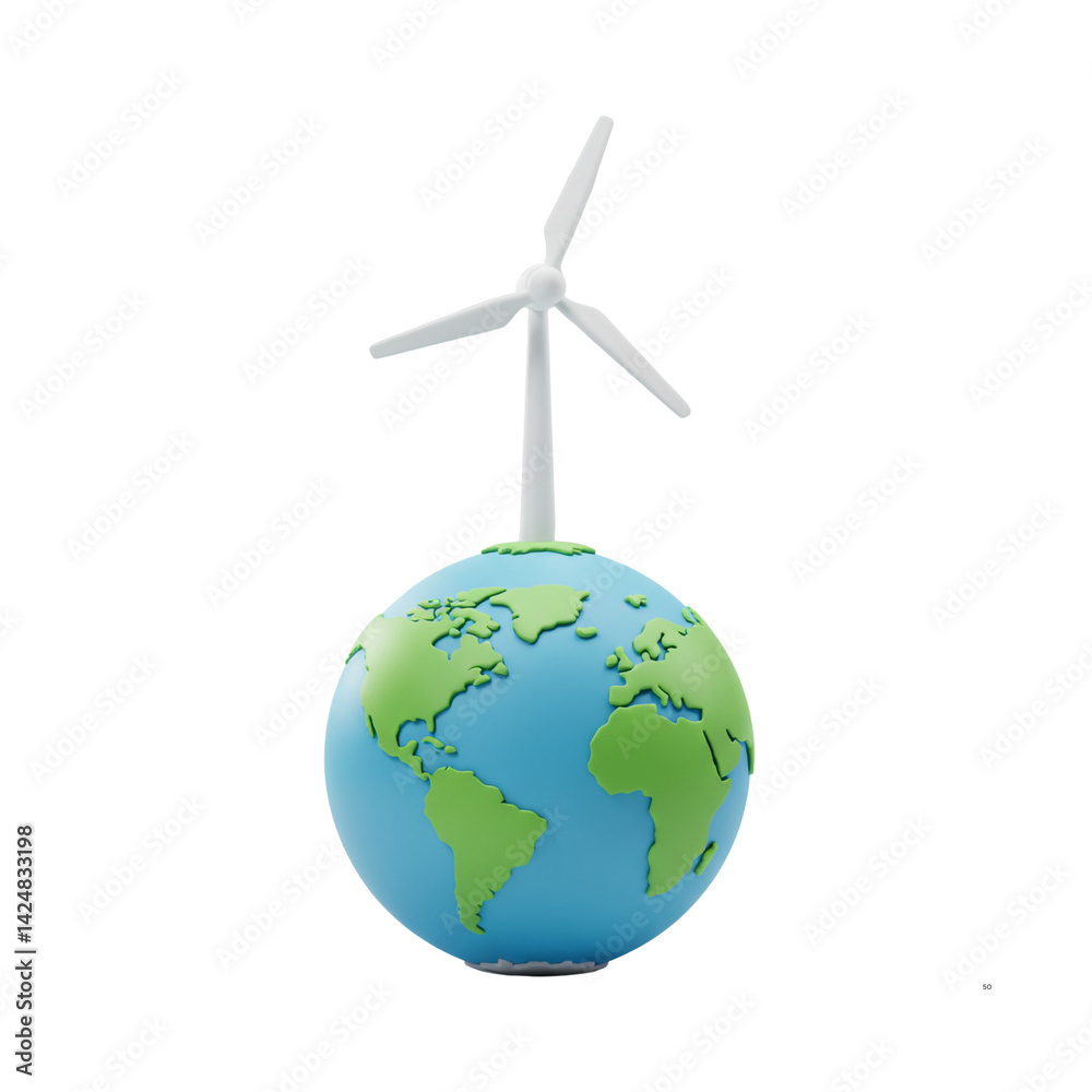 Naklejka premium 3D Windmill on Earth Globe Renewable Energy Sustainable Power Green Electricity Clean Resource Environmental Tech