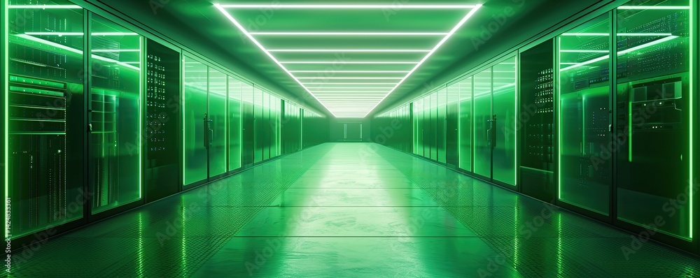 Fototapeta premium Green Neon Lit Server Room Corridor