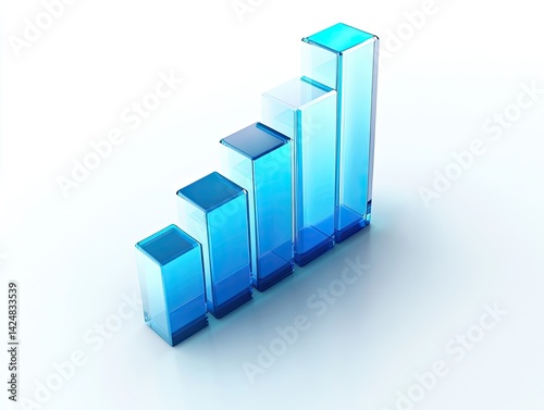 Ascending translucent blue glass bar graph on white.