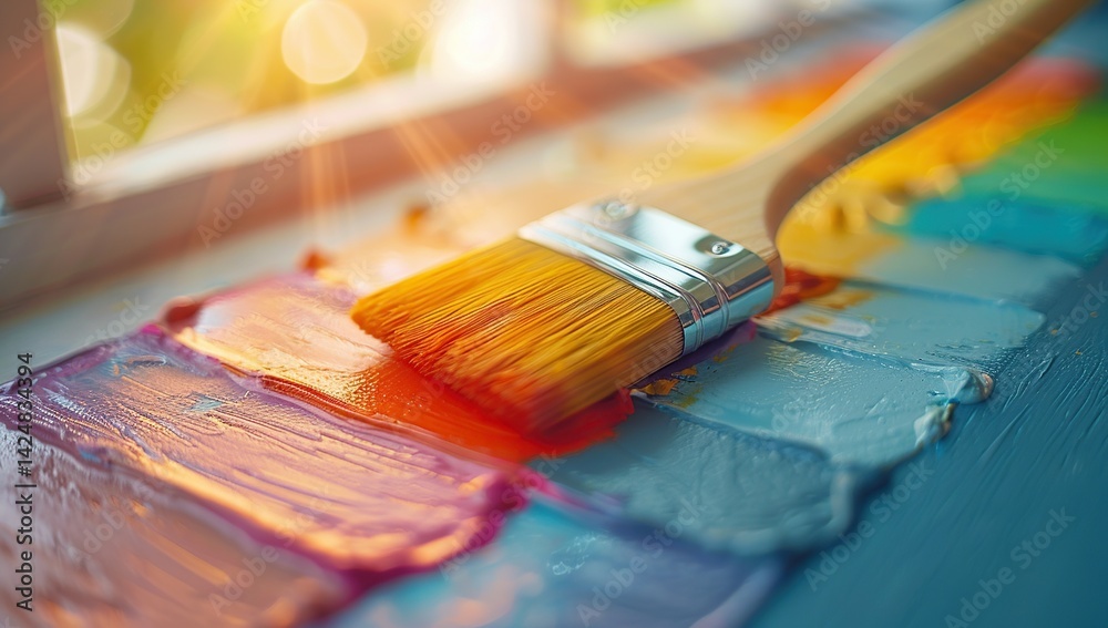 Fototapeta premium Paintbrush Laying on Colorful Swirls of Paint