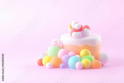 Pastel-colored birthday cake with colorful eggs